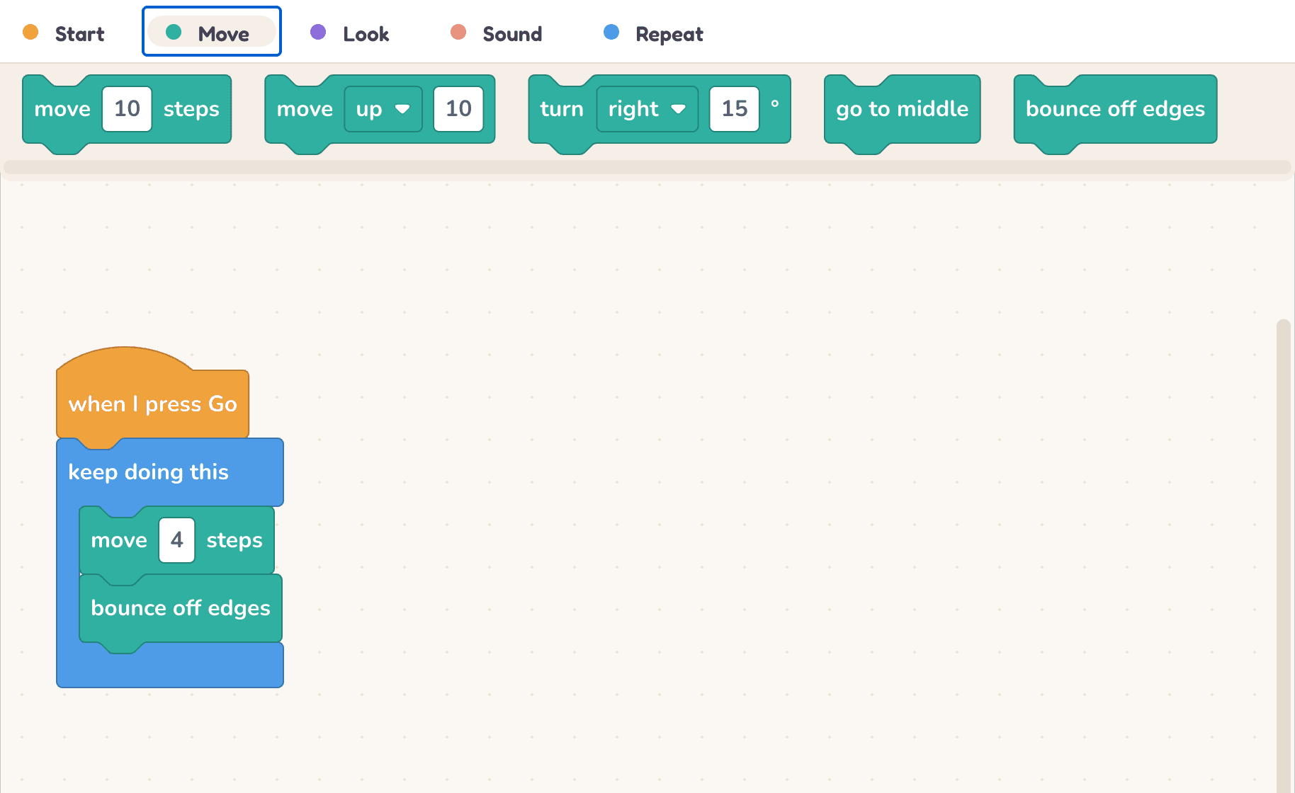 The Move palette open in the editor, showing blocks like move 10 steps, turn, and bounce off edges.