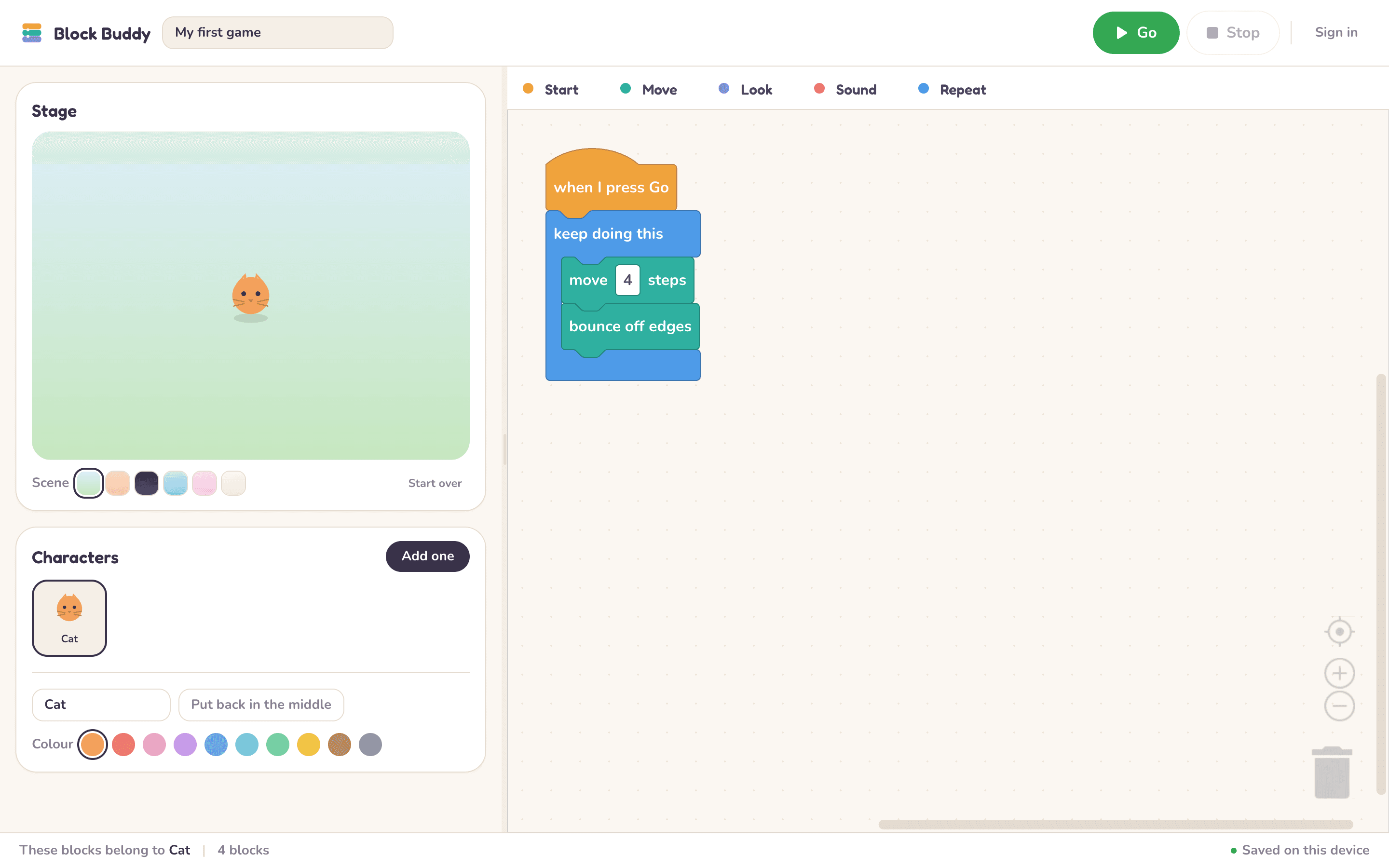 The Block Buddy editor: a stage with a cat on the left, and a script made of colourful blocks on the right.
