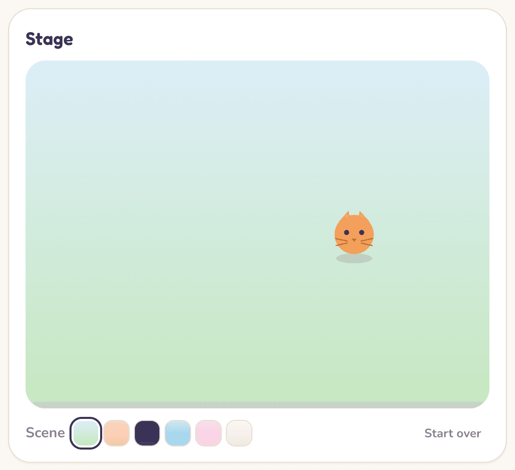 The stage panel with a cat moving across a meadow scene.